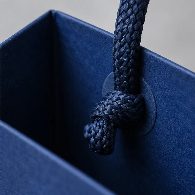Detalhe ilustrativo de alça de nylon em sacola de papel