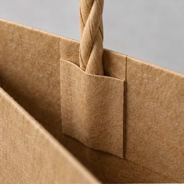 Detalhe ilustrativo de alça de papel torcido colada à sacola