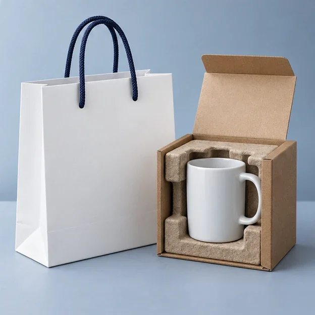 Sacola de papel ilustrativa junto a kit de presente corporativo
