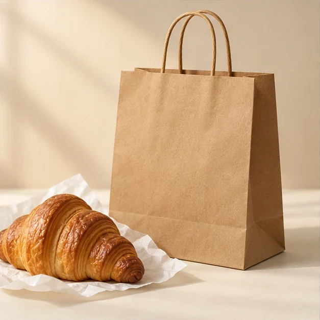 Sacola Kraft ilustrativa com alças de papel em composição de delivery