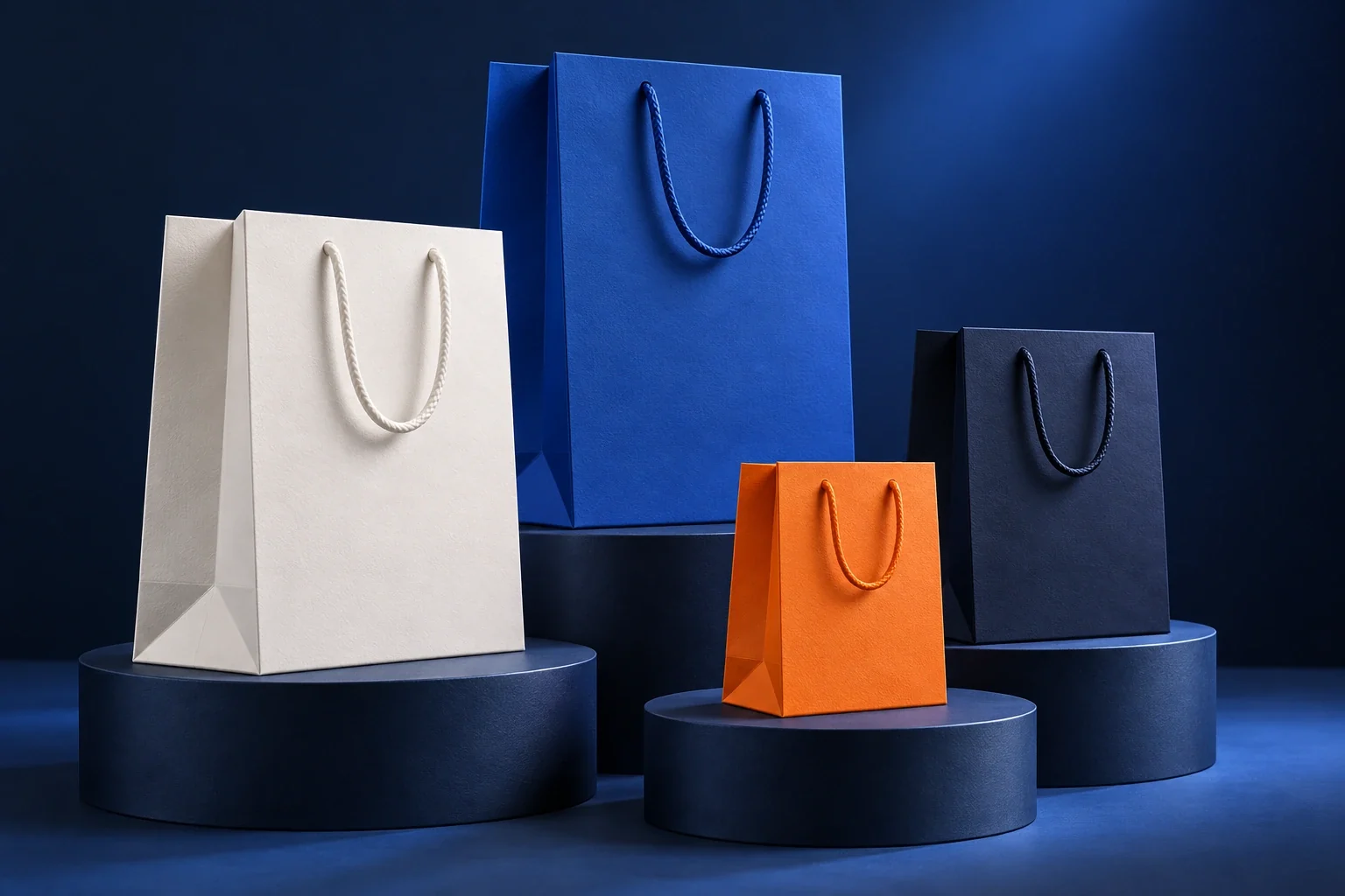 Sacolas de papel ilustrativas em branco e azul sobre bases de exposição