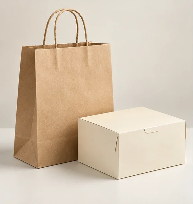 Sacola Kraft ilustrativa junto a caixa fechada de confeitaria