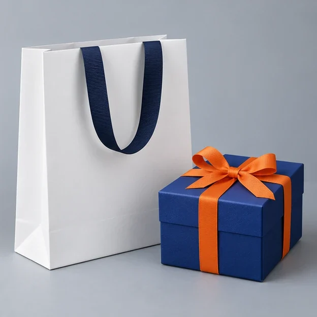 Sacola de papel ilustrativa com caixa de presente