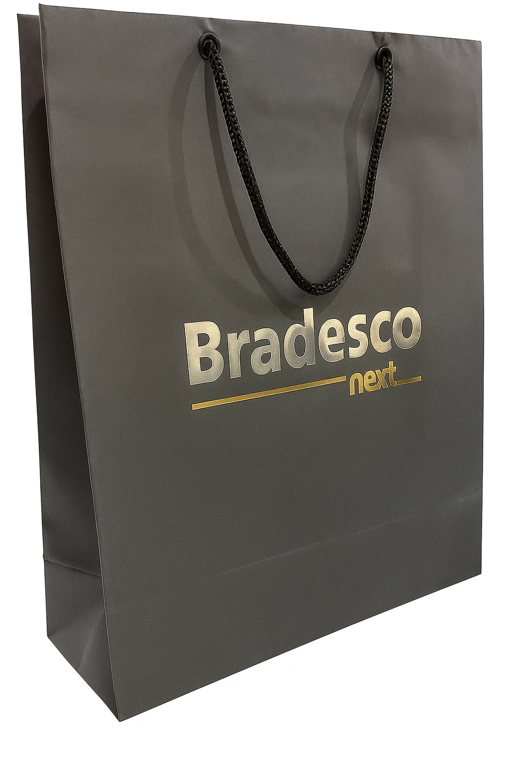 Fotografia real de sacolas de papel com hot stamping, referência hotstamping-dourado-prata