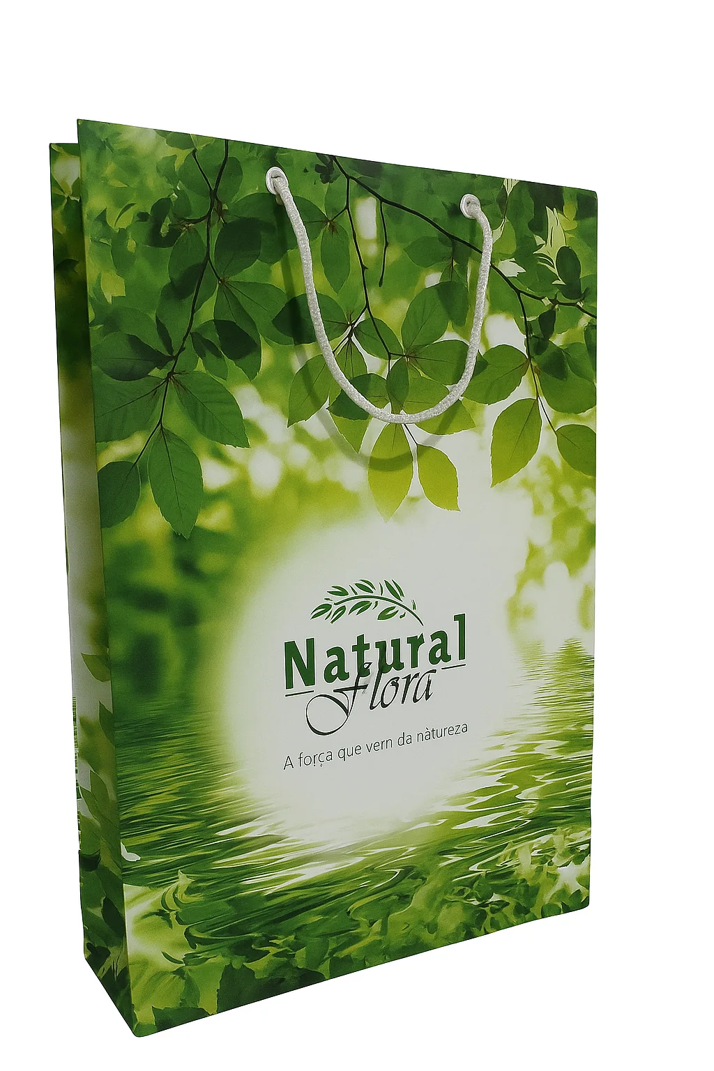 Fotografia real de sacolas de papel em formato vertical, referência Natural Flora