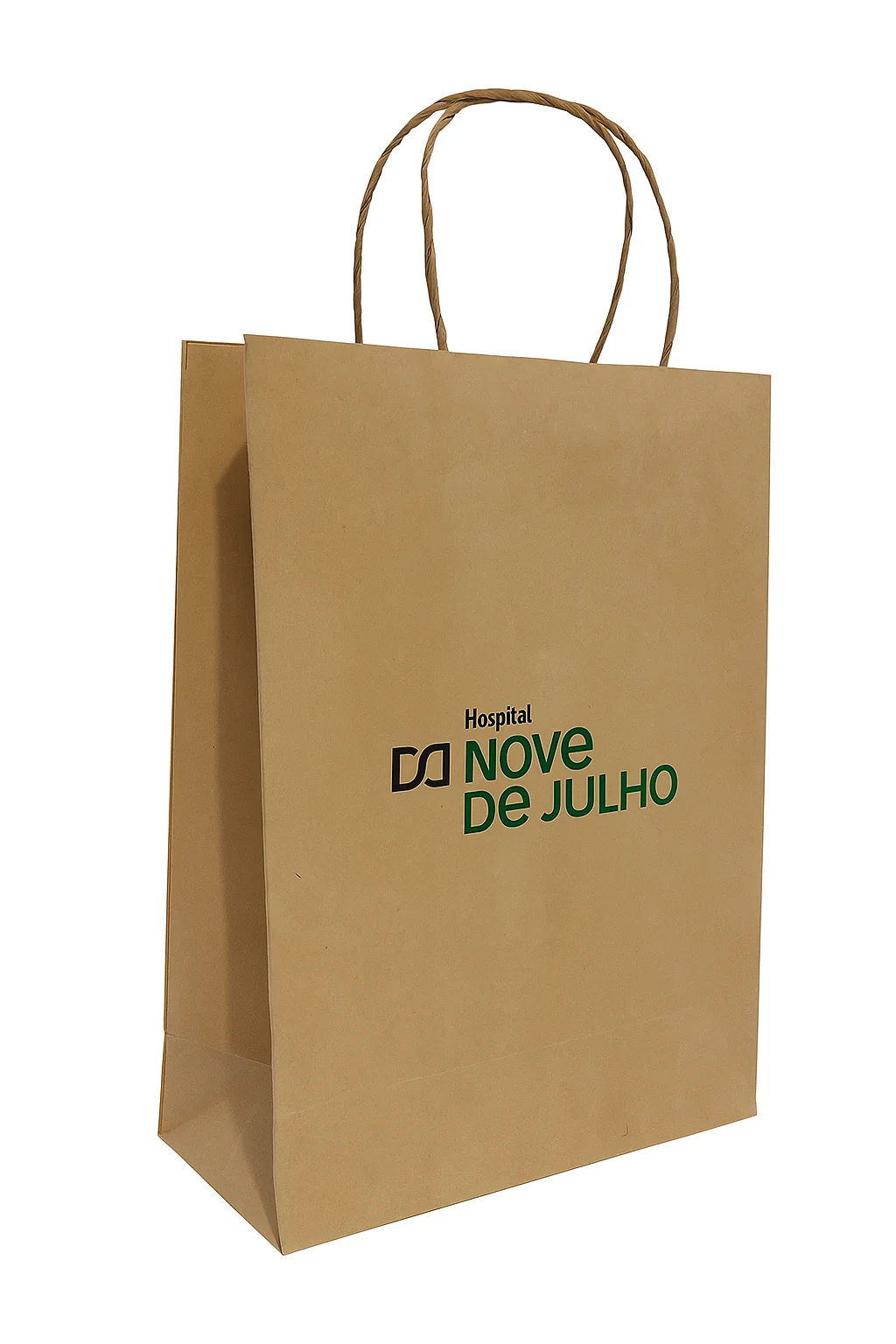 Fotografia real de sacolas kraft com alça de papel torcido, referência kraft-alca-retorcida-4