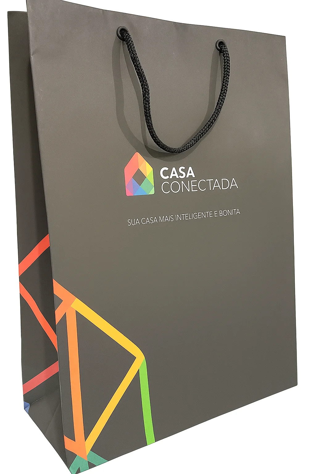 Fotografia real de sacolas offset com alça de nylon, referência offset-laminacao-fosca