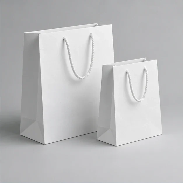 Exemplo ilustrativo de sacolas brancas personalizadas em papel Offset