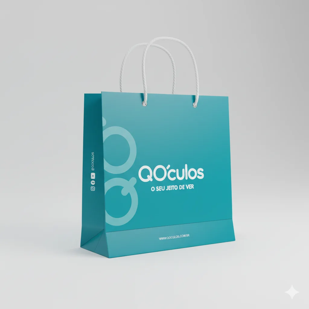 Fotografia real de projetos de sacolas personalizadas para óticas, referência otica-qoculos