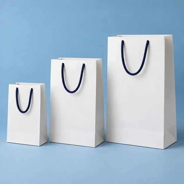 Composição ilustrativa de sacolas de papel em diferentes tamanhos