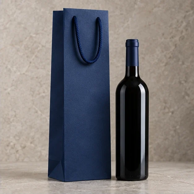 Sacola ilustrativa em composição de presente com garrafa de vinho